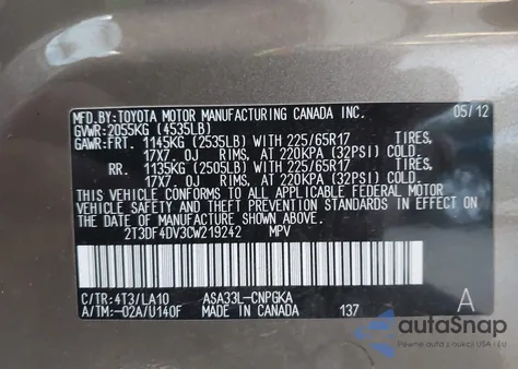 2012 Toyota Rav4 Limited из США, поврежденный, VIN 2T3DF4DV3CW219242